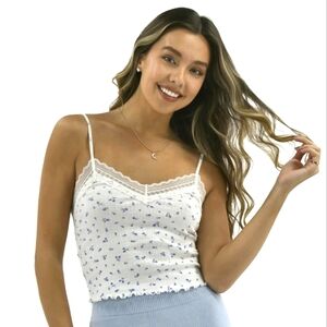 New Lace Trim White Cami w/ blue flowers Women's XL